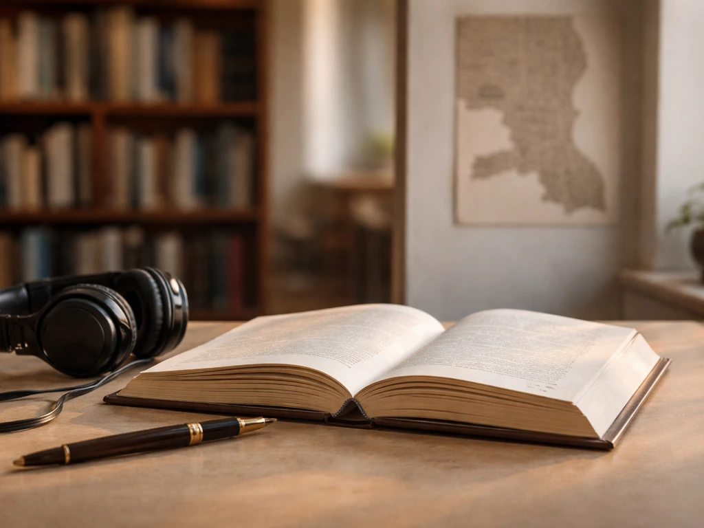Open history book on a desk with headphones and pen, softly lit library background.