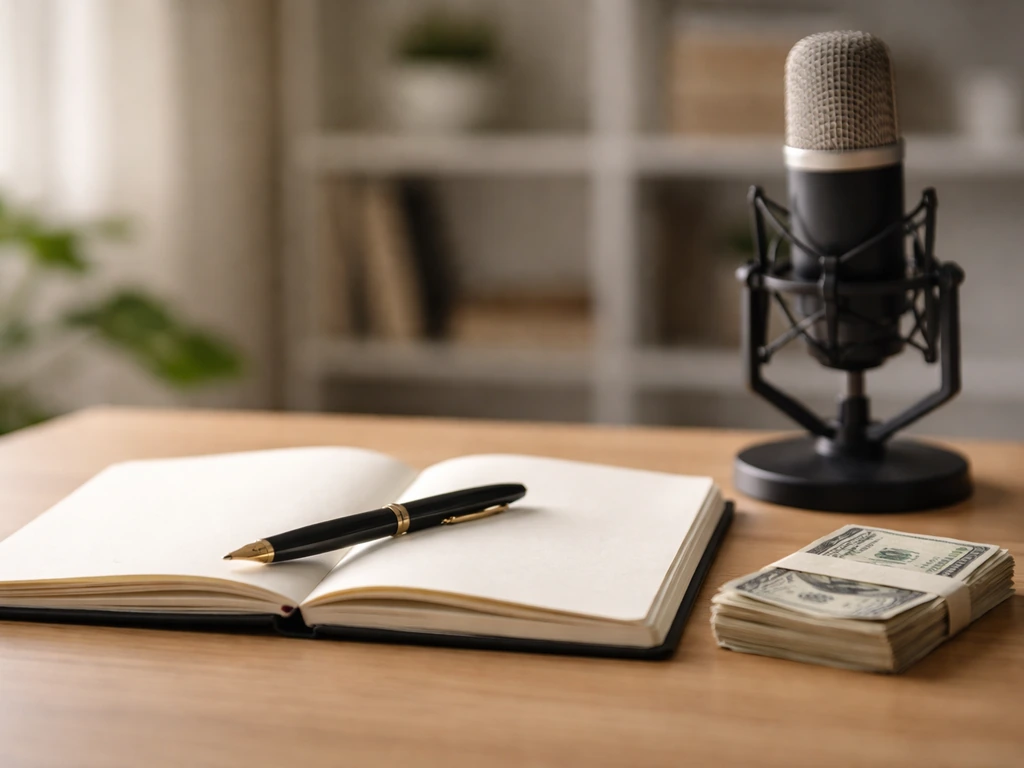 Minimal photo of a journal notebook and fountain pen beside cash and a recording microphone in a quiet office