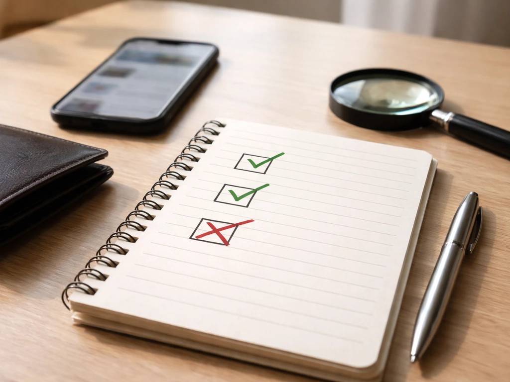 Minimal tabletop scene with a notebook and green checks vs a red X for scam-prevention verification.