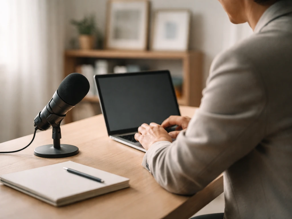 Anonymous coach working at a studio desk with a microphone, symbolizing business and financial analysis.
