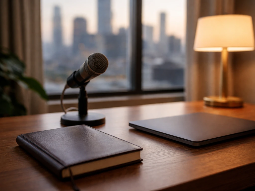 Minimal premium leadership coaching scene with a tidy desk setup, suggesting exclusive business coaching