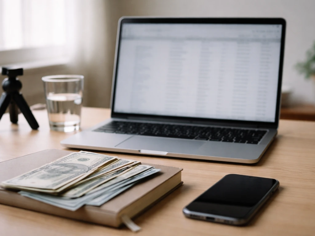Minimal home office desk with blurred finance spreadsheet on laptop and scattered cash for a net-worth snapshot