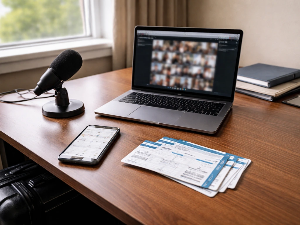Anonymous office desk with laptop, microphone, travel items, and muted phone, suggesting global event costs.