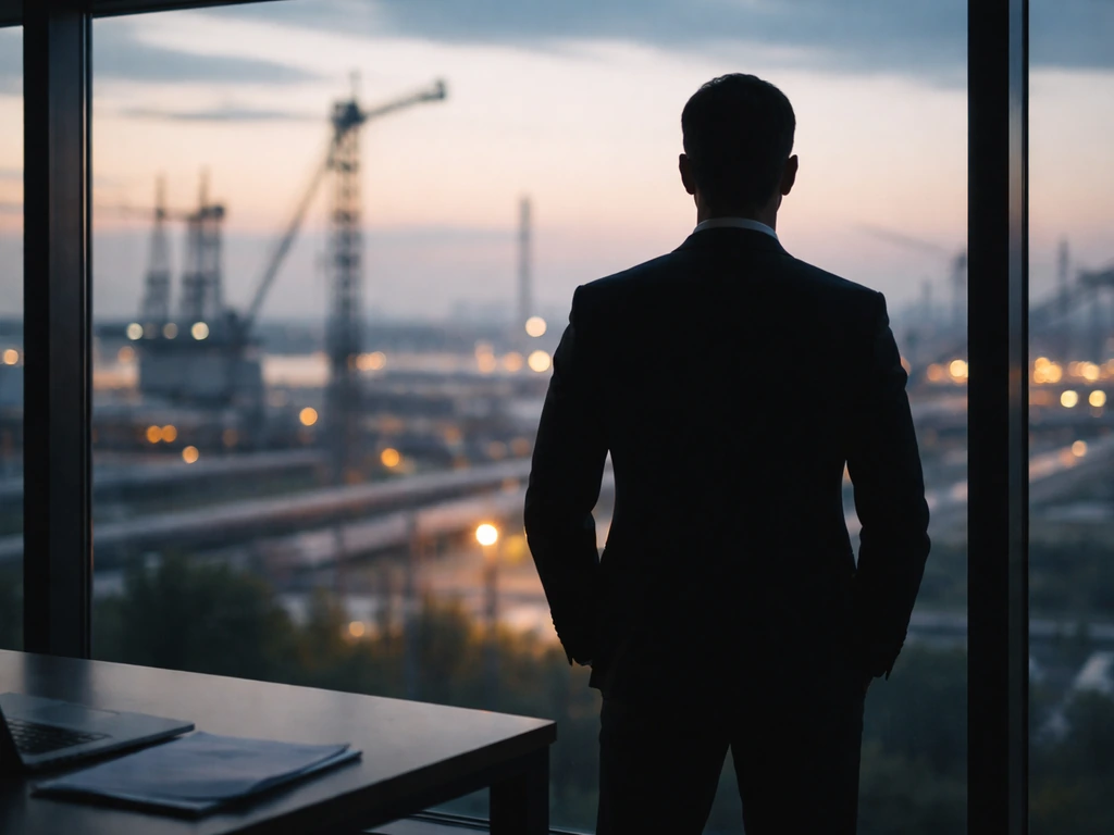 Anonymous business leader silhouette in a modern office with blurred infrastructure elements behind glass.