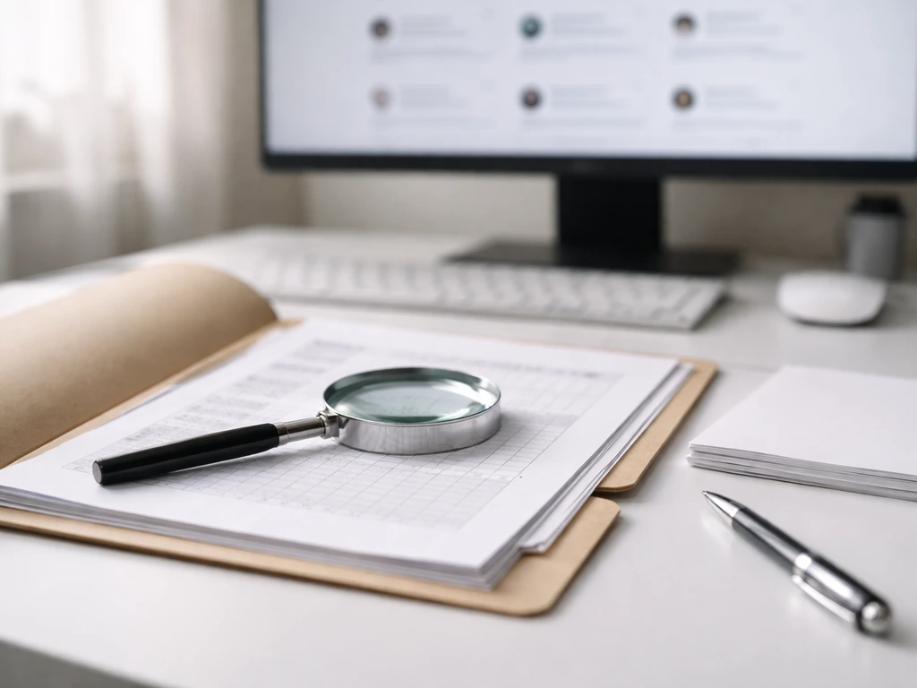 Folder with spreadsheets and a magnifying glass over blurred search results, symbolizing verifying net worth estimates.