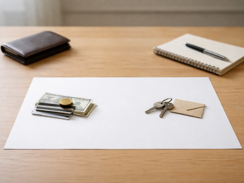 Minimal desk scene with objects symbolizing assets on one side and liabilities on the other.