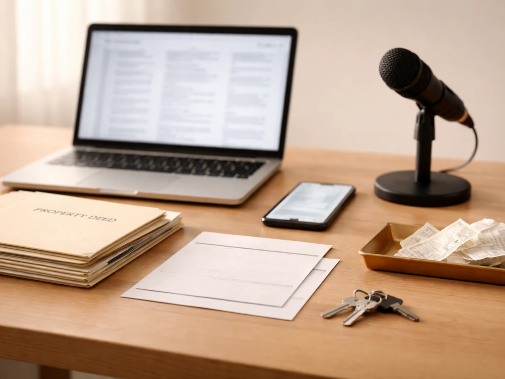 Minimal desk scene with documents, keys, and finance media items symbolizing wealth signals assembly.