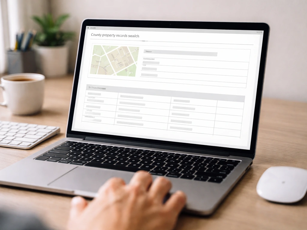Close-up of an office laptop showing an anonymous property-records search result layout with parcel map thumbnail.