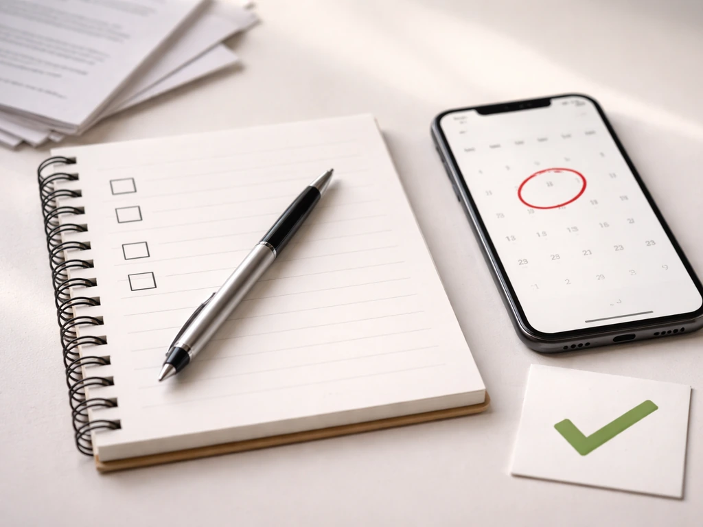 Close-up of a notebook and pen beside a smartphone showing an expired date on a calendar, symbolizing outdated figures.